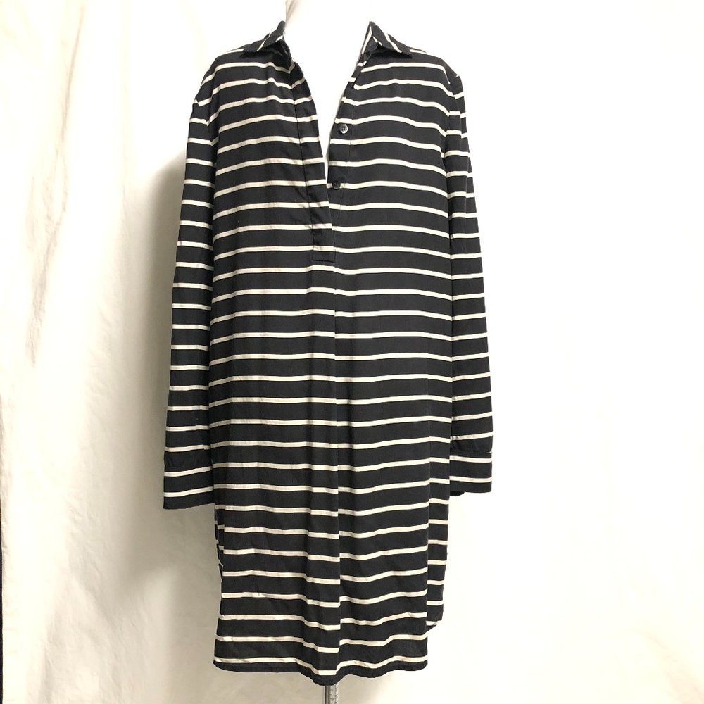 Madewell, black with white stripe button down shirt dress, 100% silk, size small